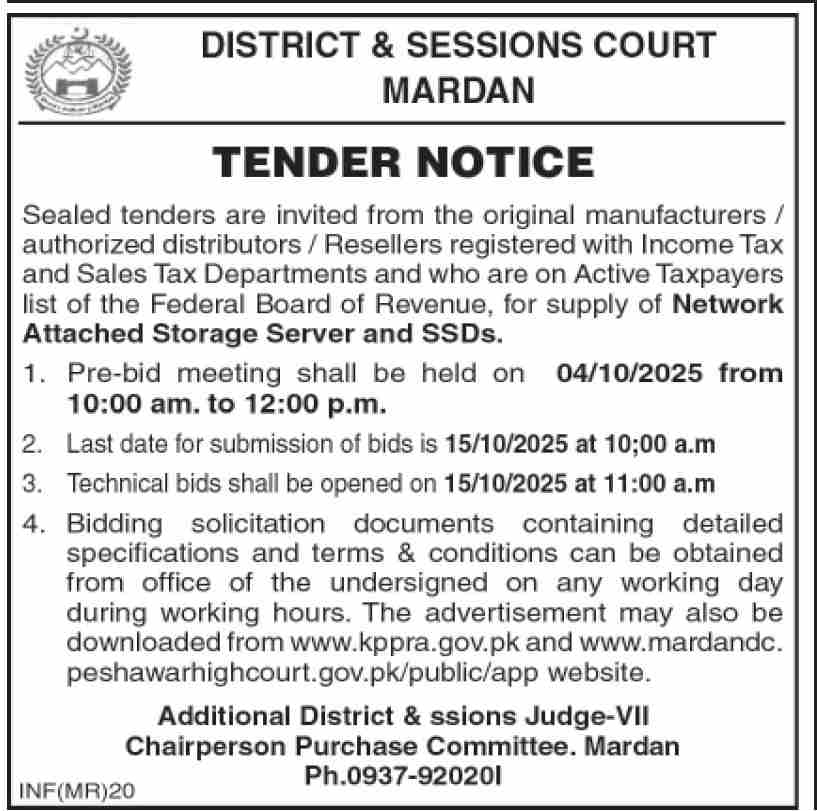 District & Session Court Mardan Tender Notice